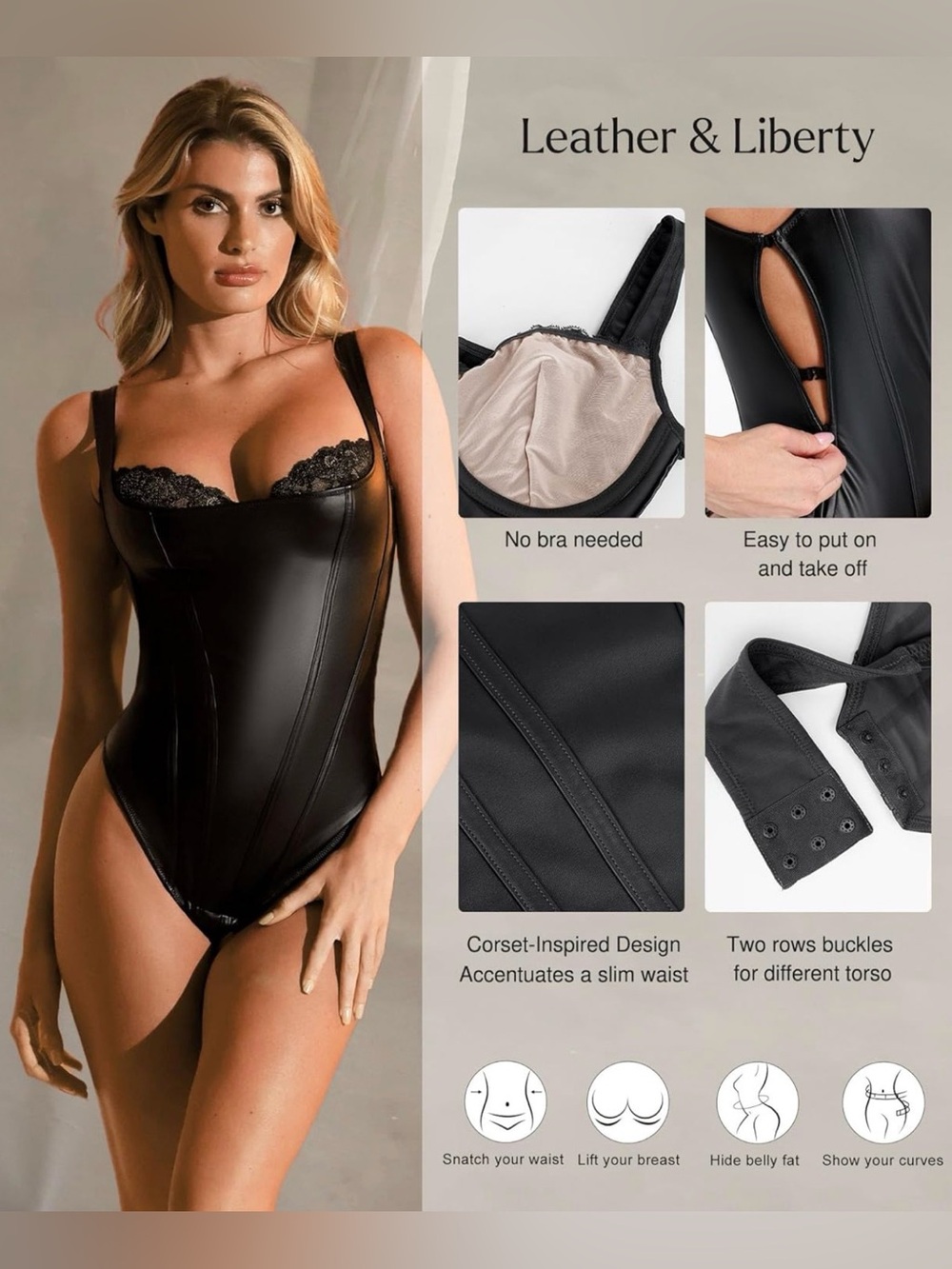 Popilush Shapewear Bodysuit Lace Corset Tank Tops Tummy Control Faux Leather - Picture 4 of 7